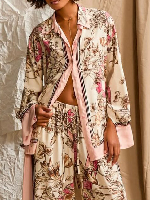 Elegant Floral Print Satin Button-Up Shirt