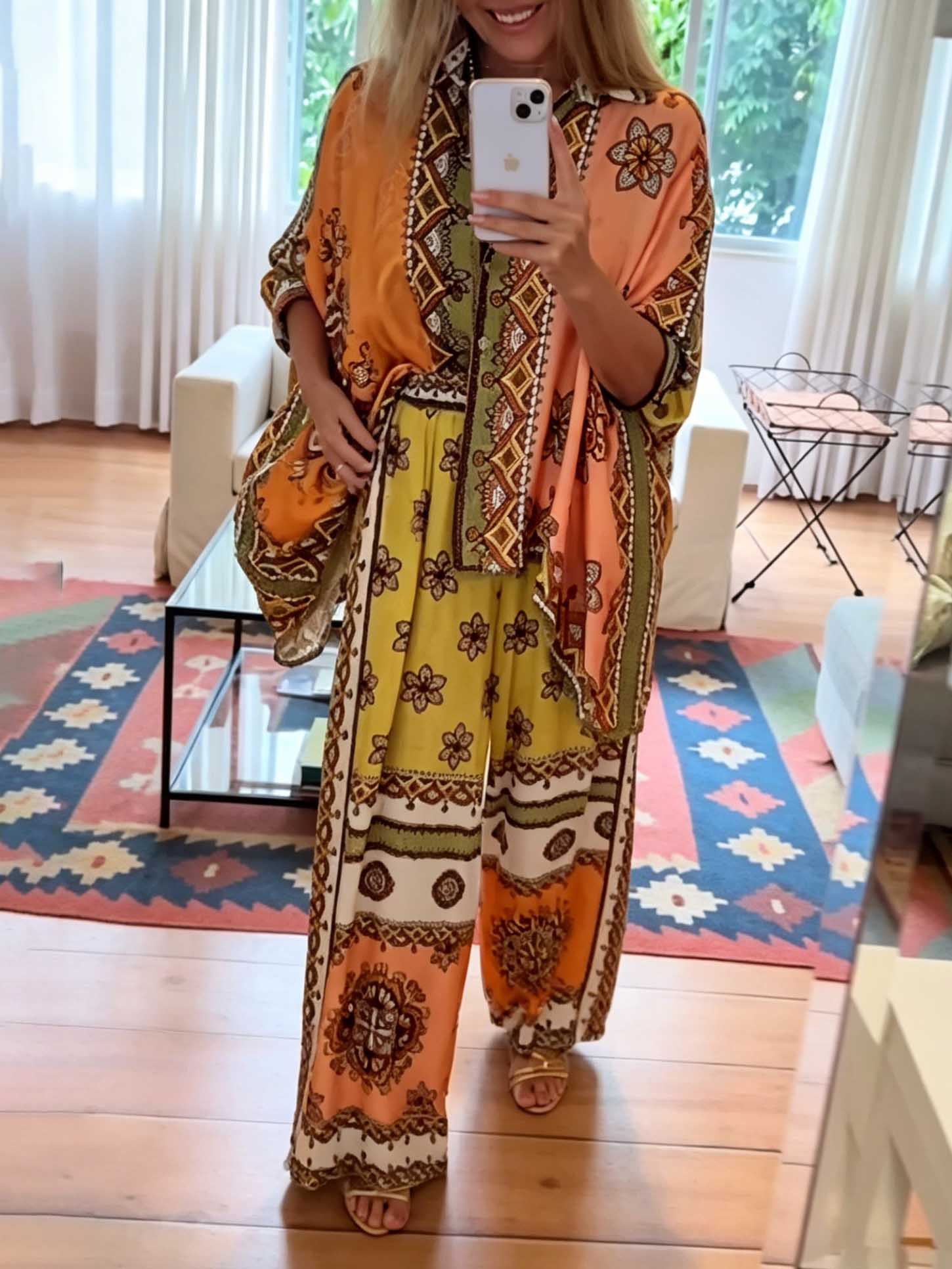 Unique Satin Paisley Print Batwing Sleeve Cardigan Shirt