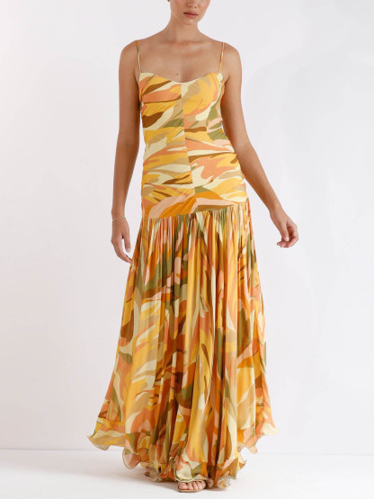 Elegant Abstract Print Suspender Pleated Flowy Maxi Dress