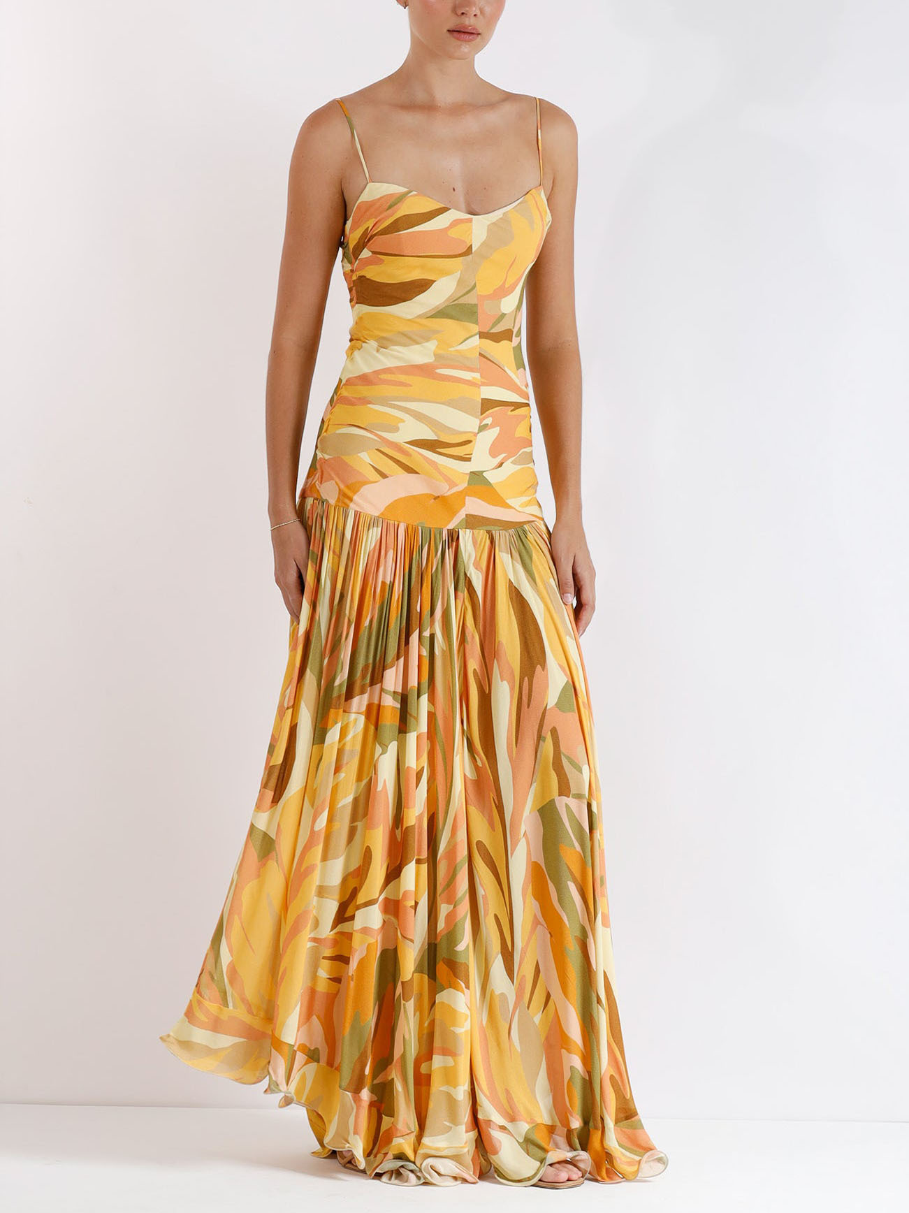 Elegant Abstract Print Suspender Pleated Flowy Maxi Dress