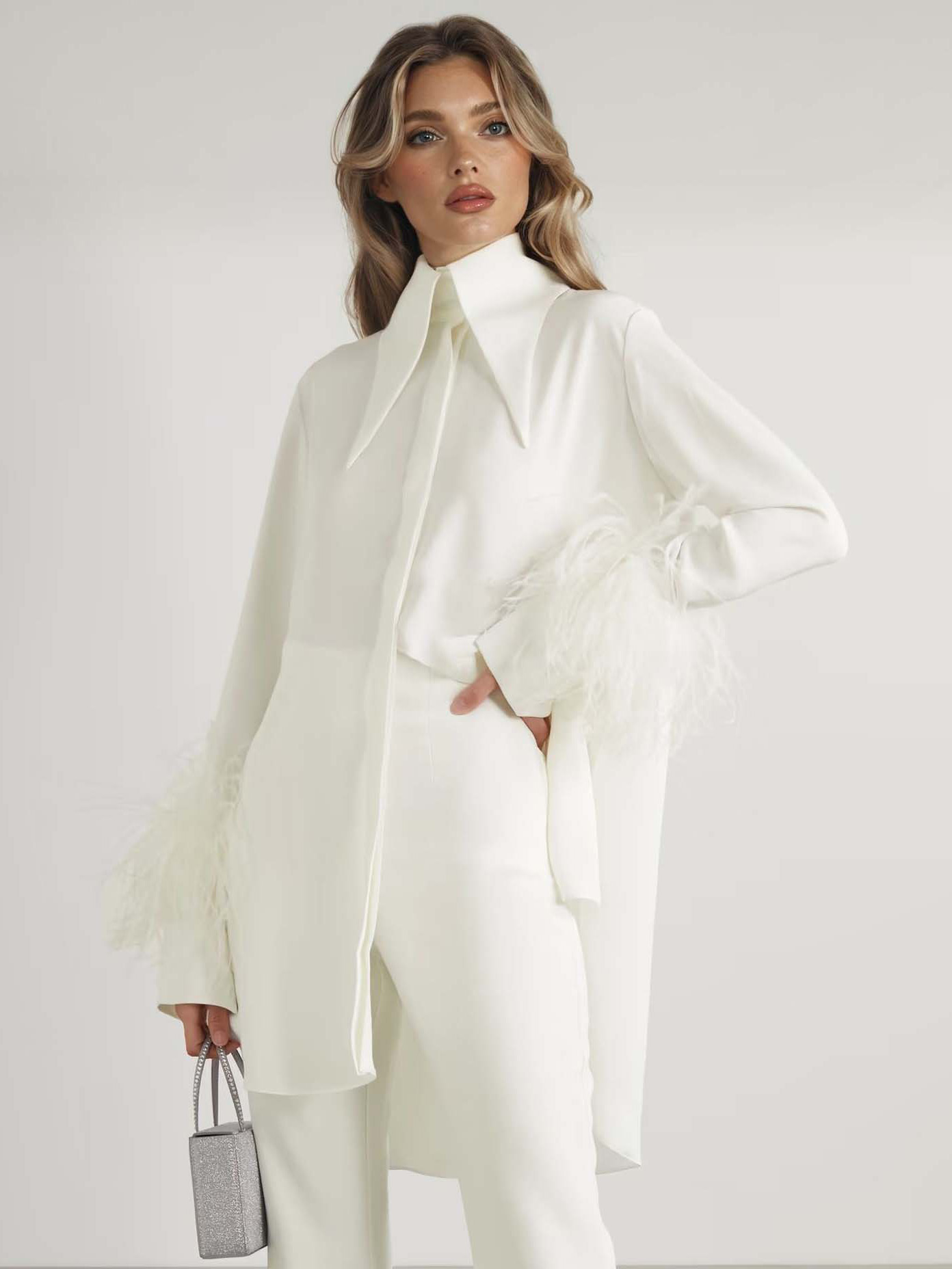 Elegant Satin Feather-trimmed Shirt Two-piece Set
