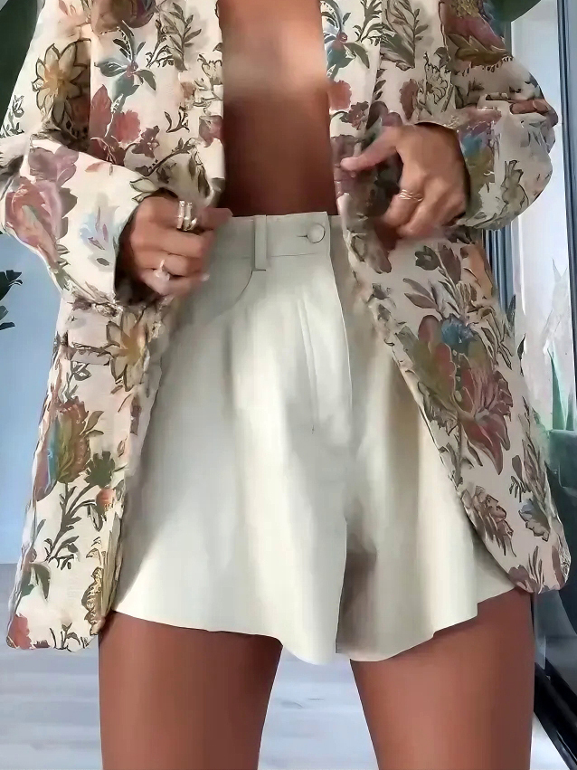 Elegant High-Waisted Pleated Cream Shorts