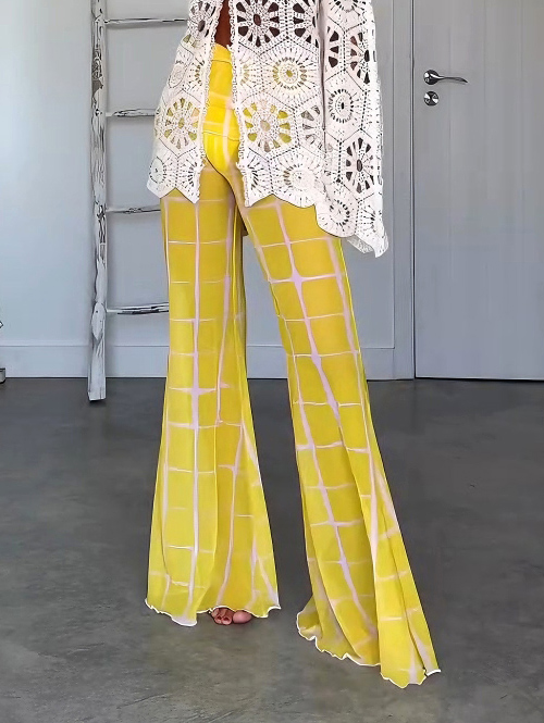 Casual Mesh Plaid Print Flared Pants