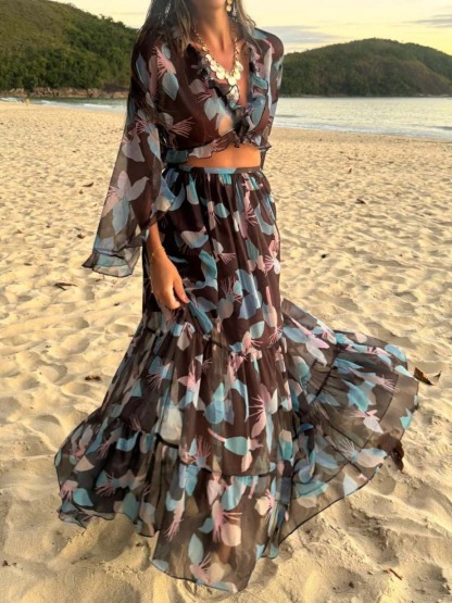 Casual Floral Print Beach Skirt Two-Piece Set