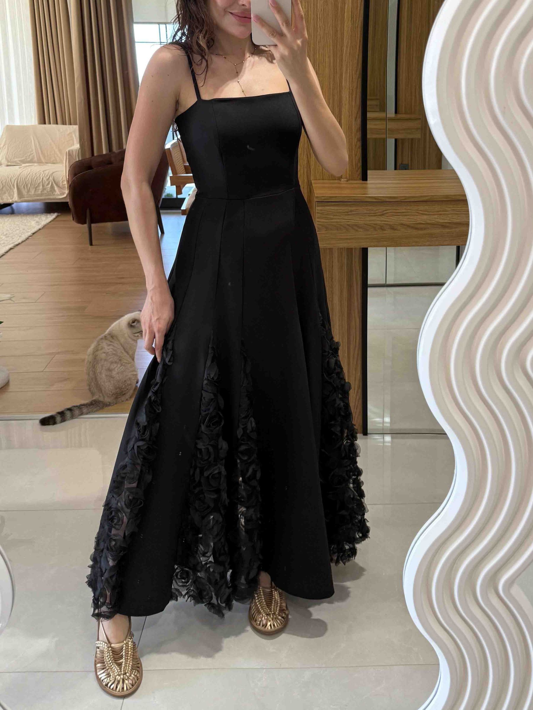 Elegant Rose Floral Applique Spaghetti Strap Midi Dress