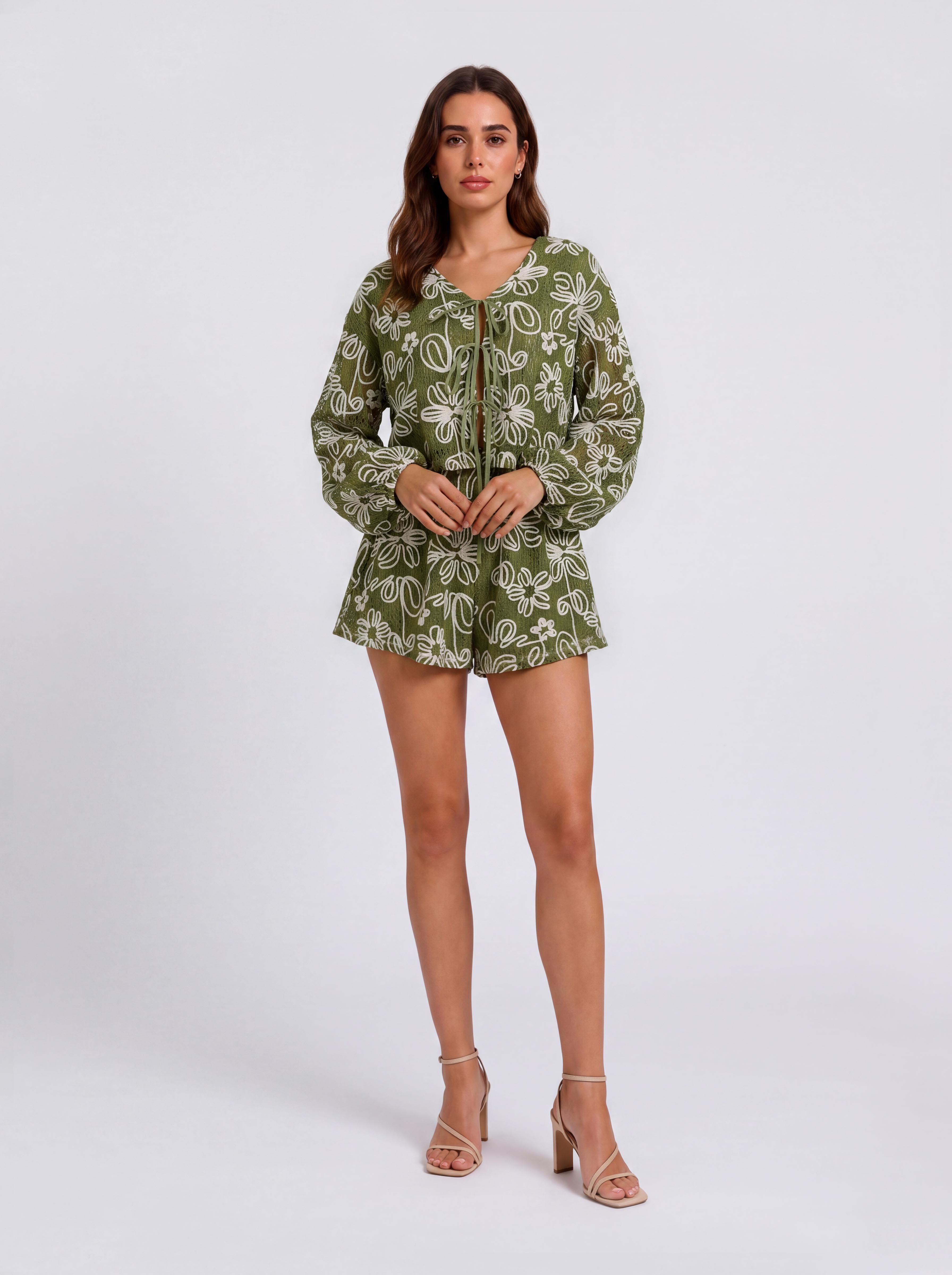 V-Neck Long-Sleeved Lace-Up Top Shorts Holiday Two-Piece Set