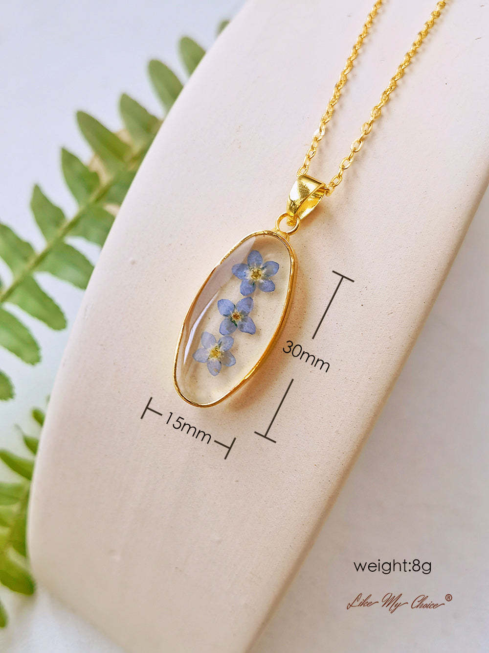 Forget Me Not Golden Oval Pendant Natural Resin Necklace