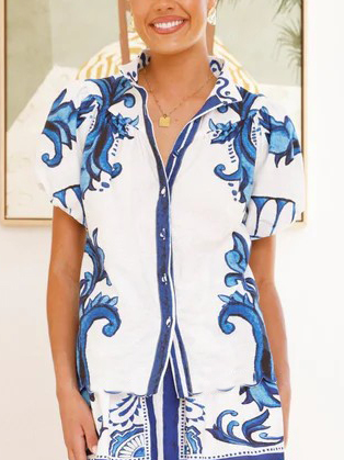 Exquisite Painted Floral Print Puff Sleeve Loose Shirt