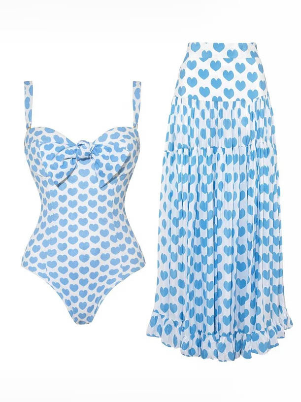 Sweet Heart Print Bowknot One-Piece Swimsuit Set