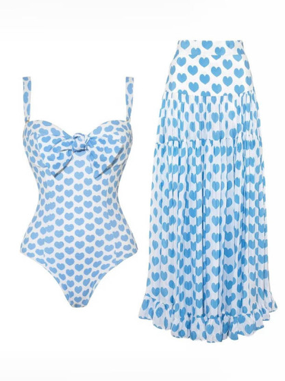 Sweet Heart Print Bowknot One-Piece Swimsuit Set