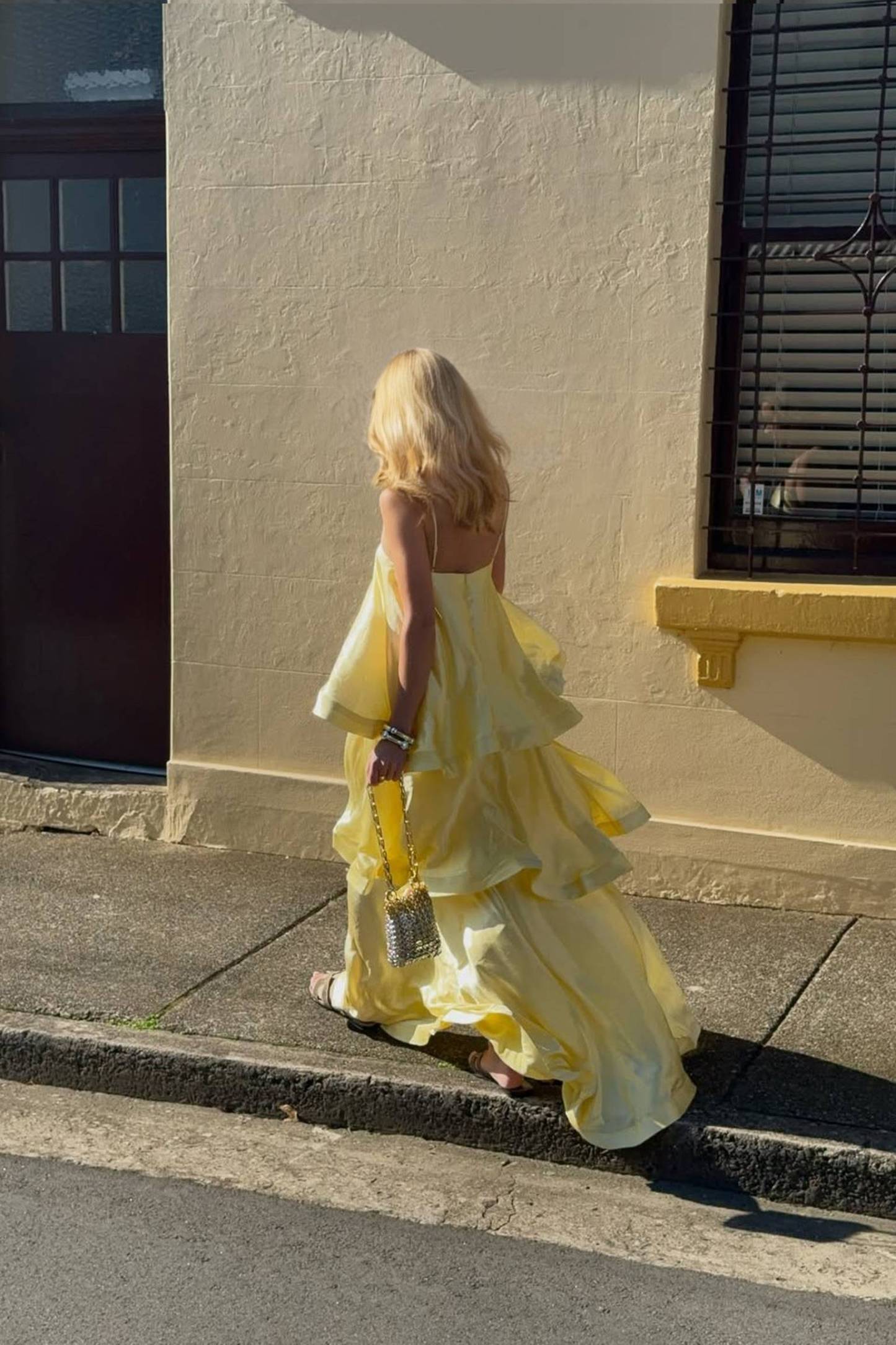 Elegant Three-layer Ruffle Sling Maxi Dress