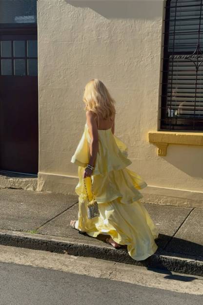 Elegant Three-layer Ruffle Sling Maxi Dress