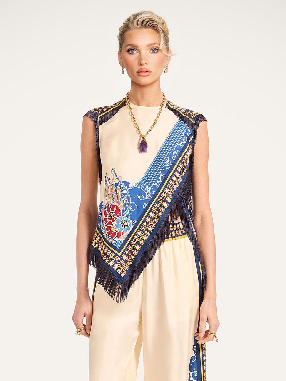 Elegant Bohemian Print Vest With Tassels Two-Piece Set