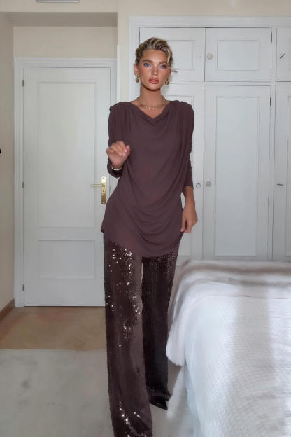 Unique Ruched Drop-Shoulder Long Sleeve Top