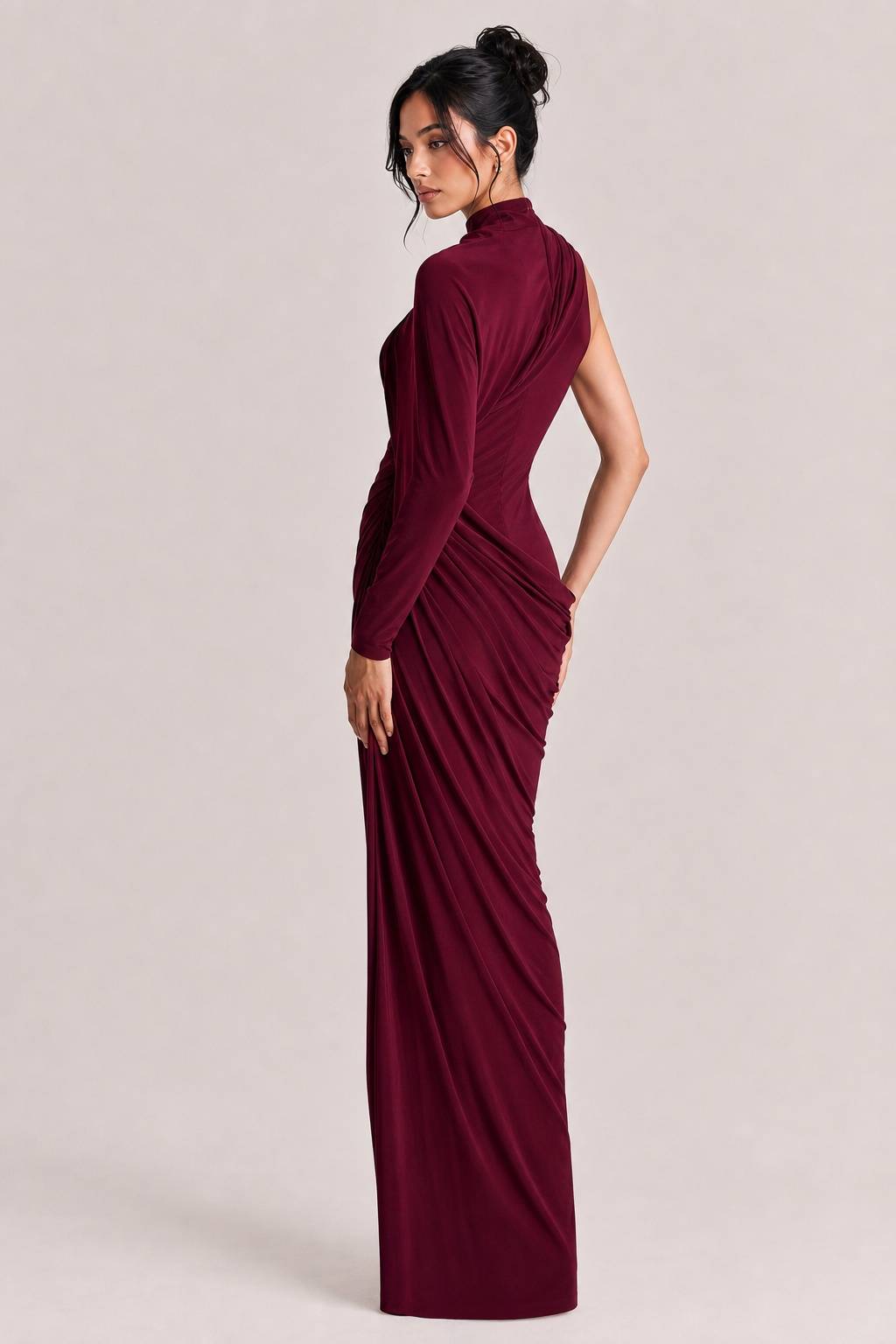 Elegant Asymmetrical One-Sleeve Draped Maxi Dress