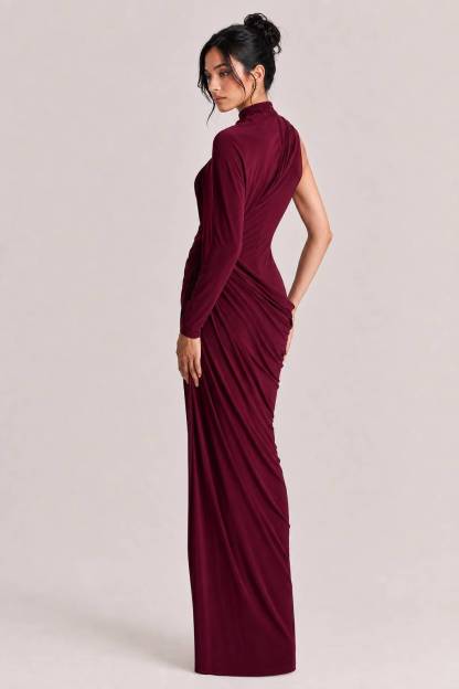 Elegant Asymmetrical One-Sleeve Draped Maxi Dress