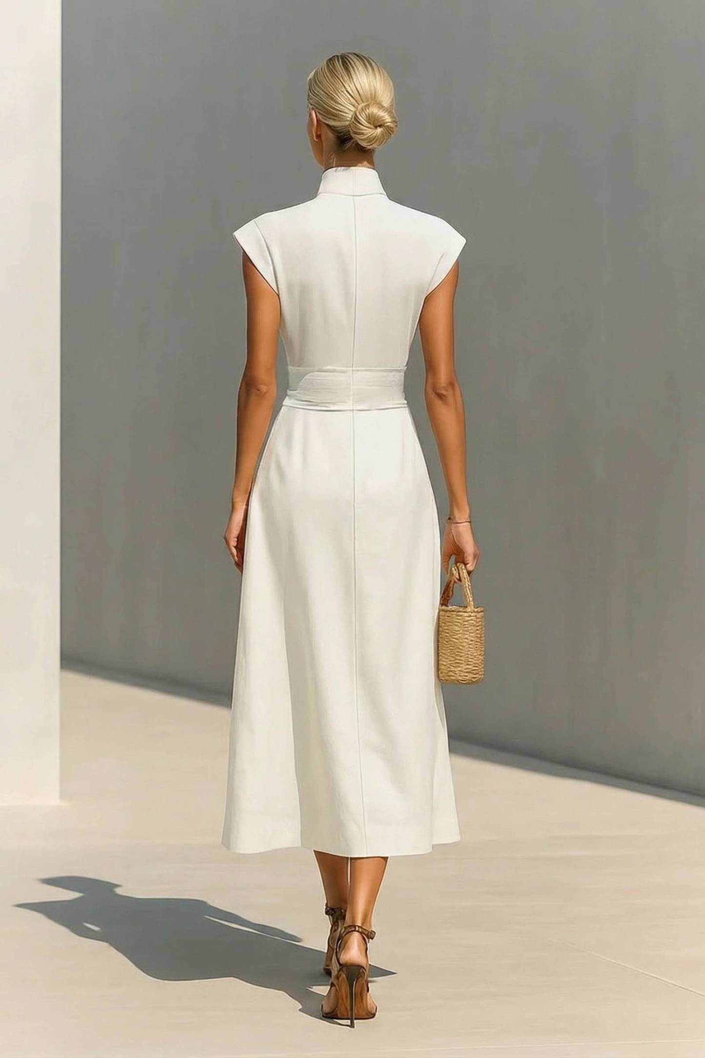 Stand-Collar High-waisted Midi Dress