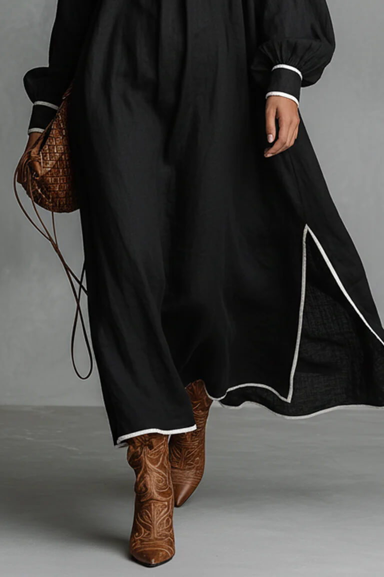 Casual Loose Linen Contrast Trim White Piping Slit Maxi Dress