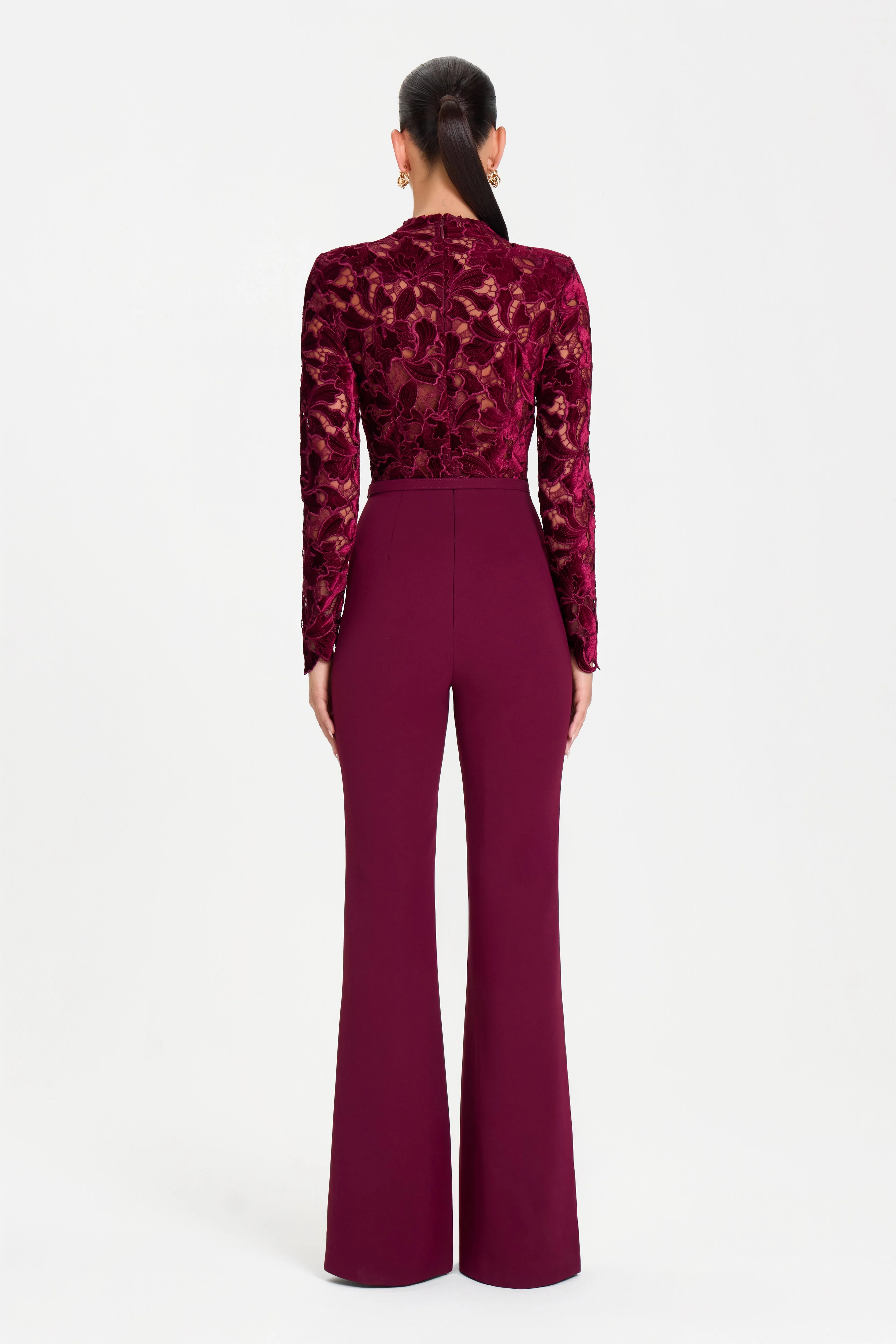 Burgundy Lace Mock Neck Long Sleeve Belted Flared Leg Jumpsuit
