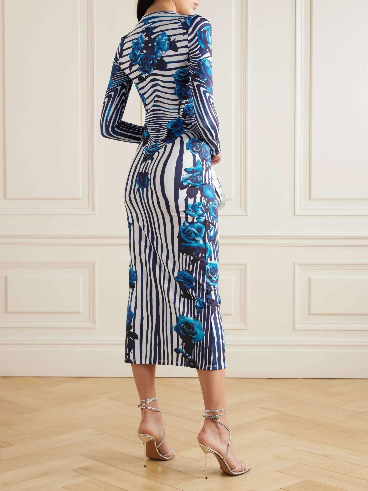 Vintage Unique Rose Stripe Print Midi Dress