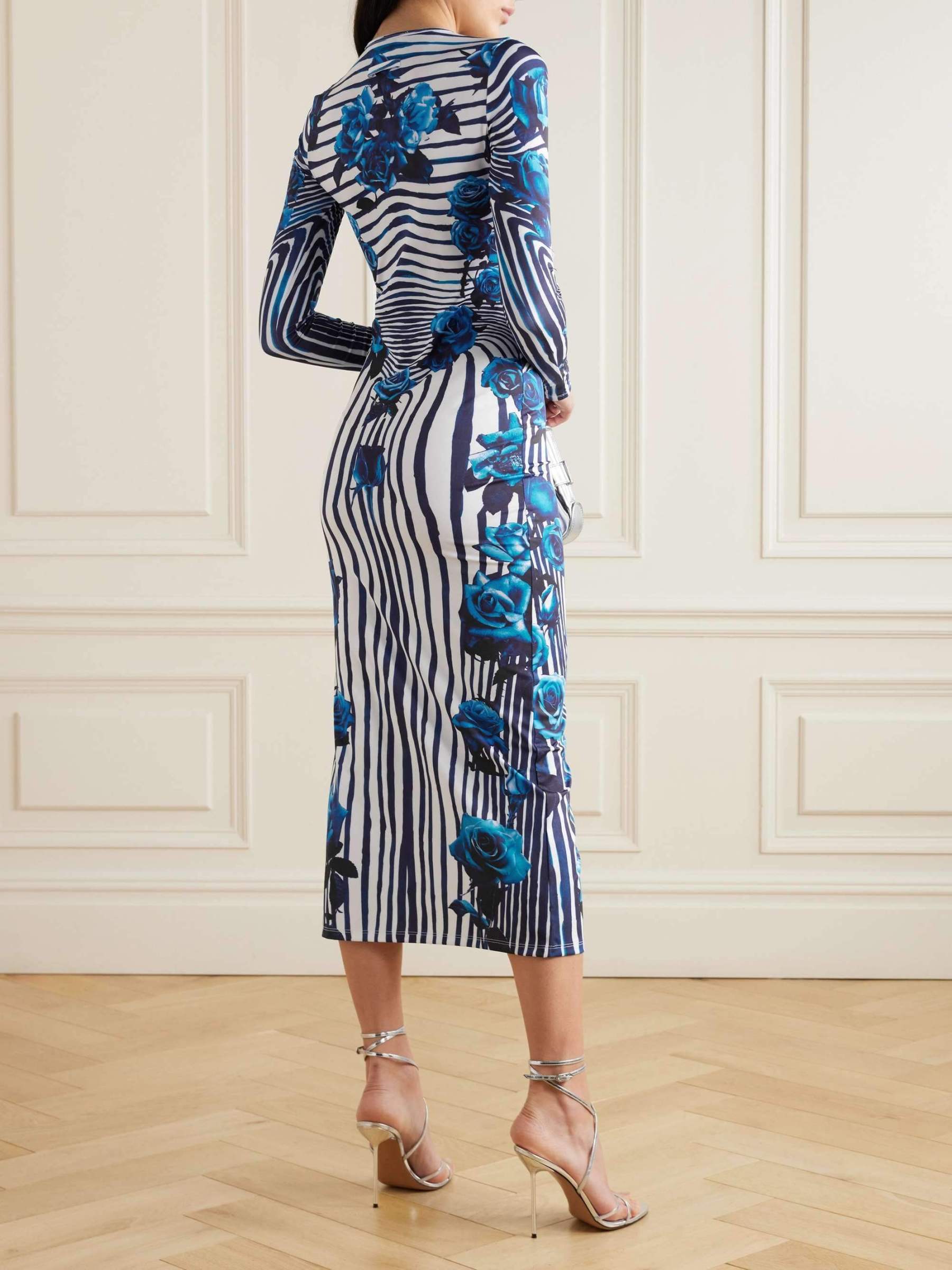Vintage Unique Rose Stripe Print Midi Dress