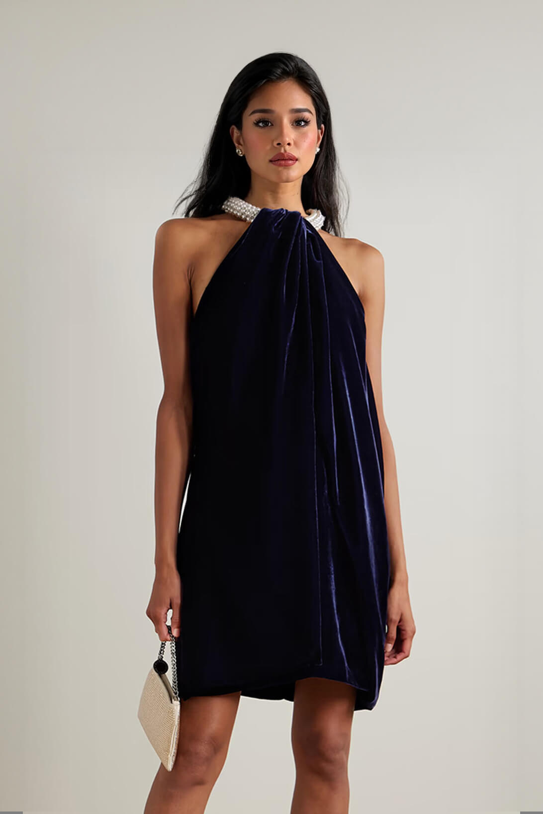 Elegant Off-the-Shoulder Draped Halter Neck Mini Dress