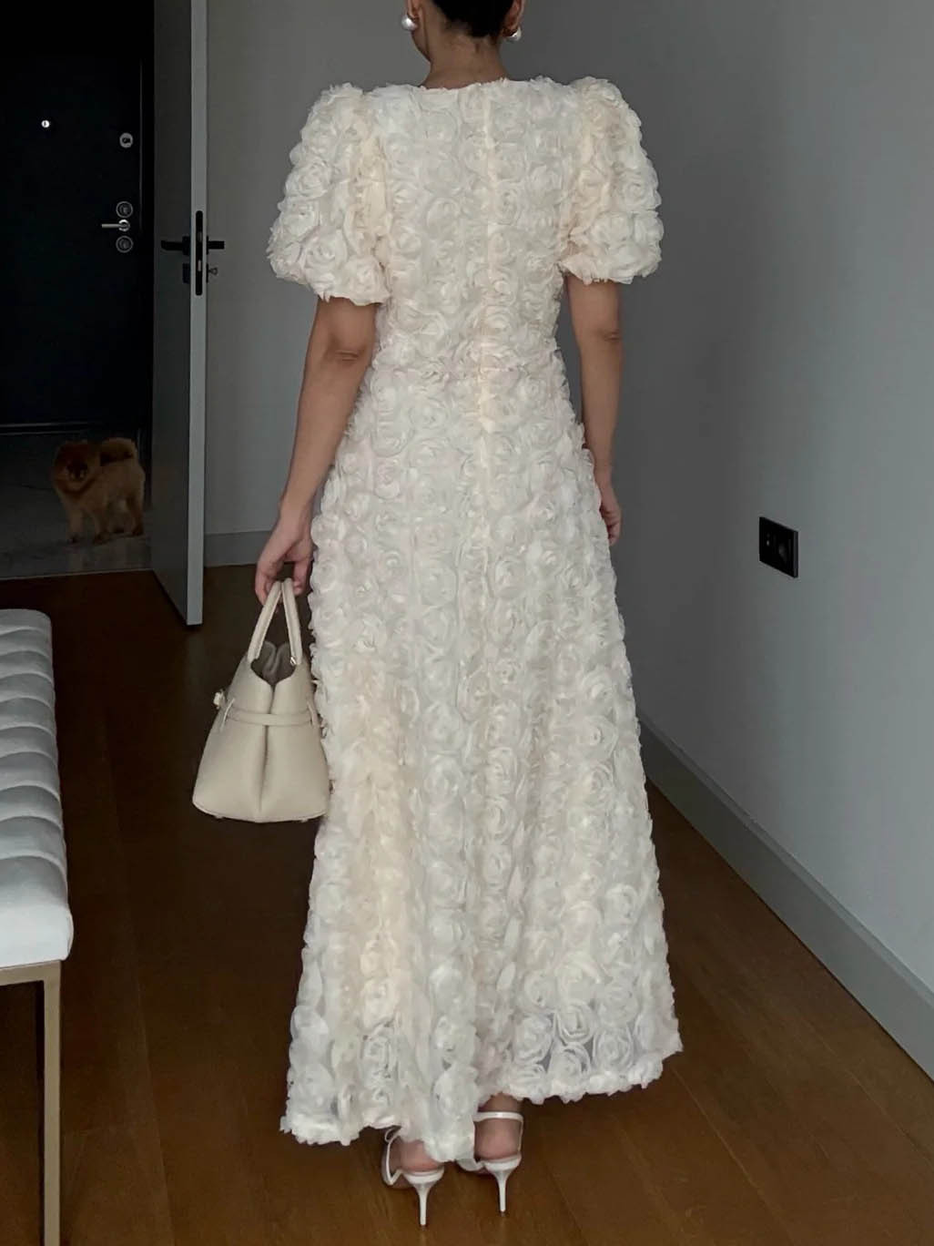 Elegant Rose-patterned Puff-sleeved Maxi Dress