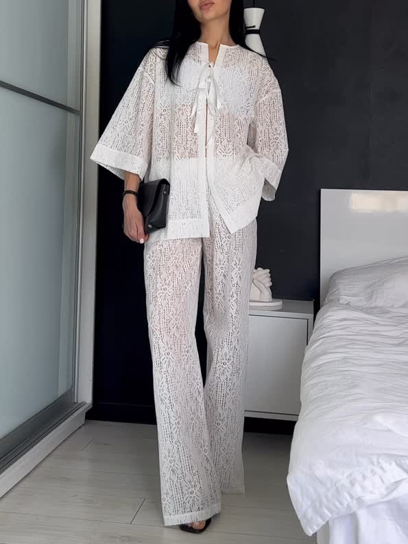 Elegant Lace Loose Shirt & Wide-Leg Pants Two-Piece Set