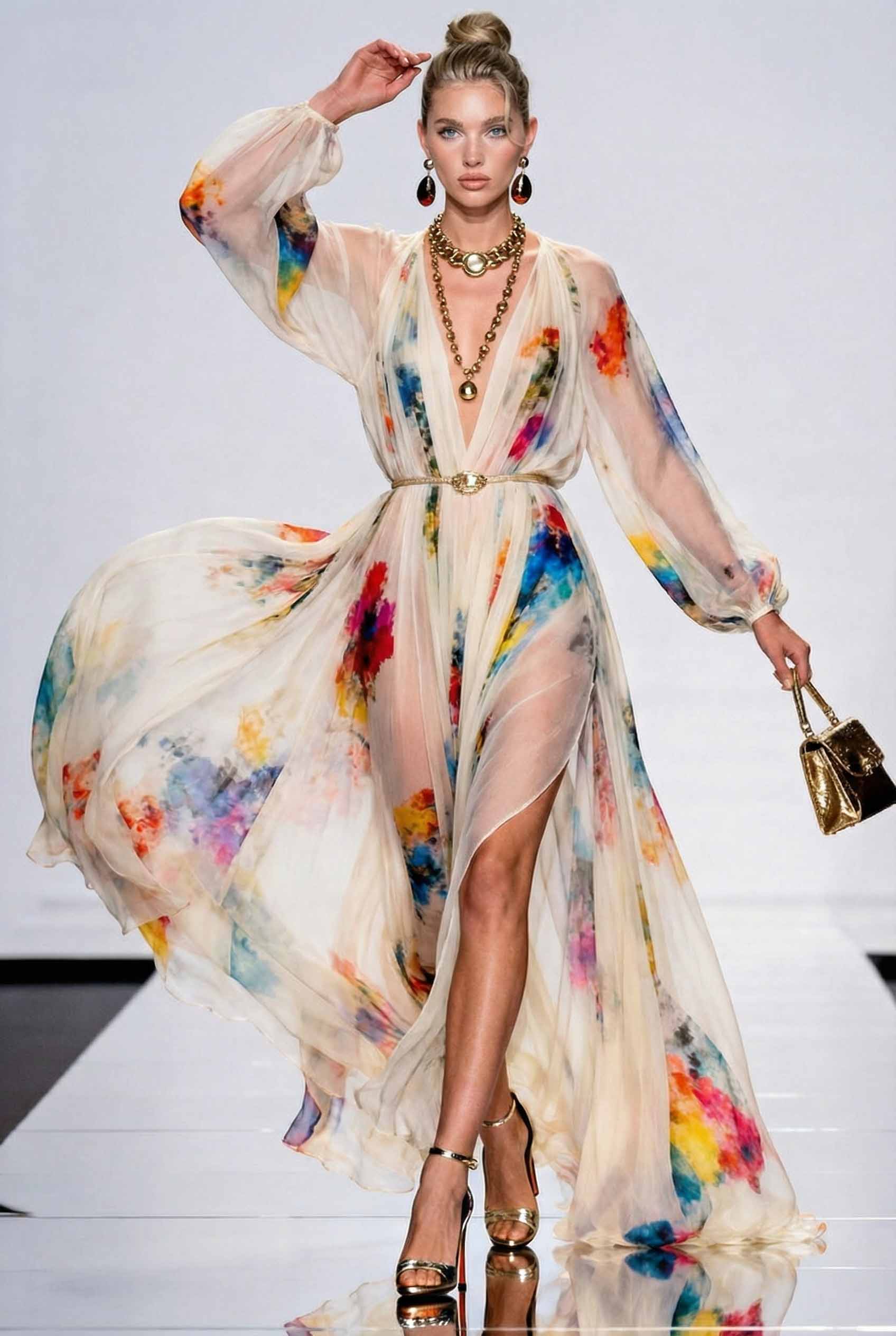 Deep V-Neck Puff Sleeve Printed Maxi Dress