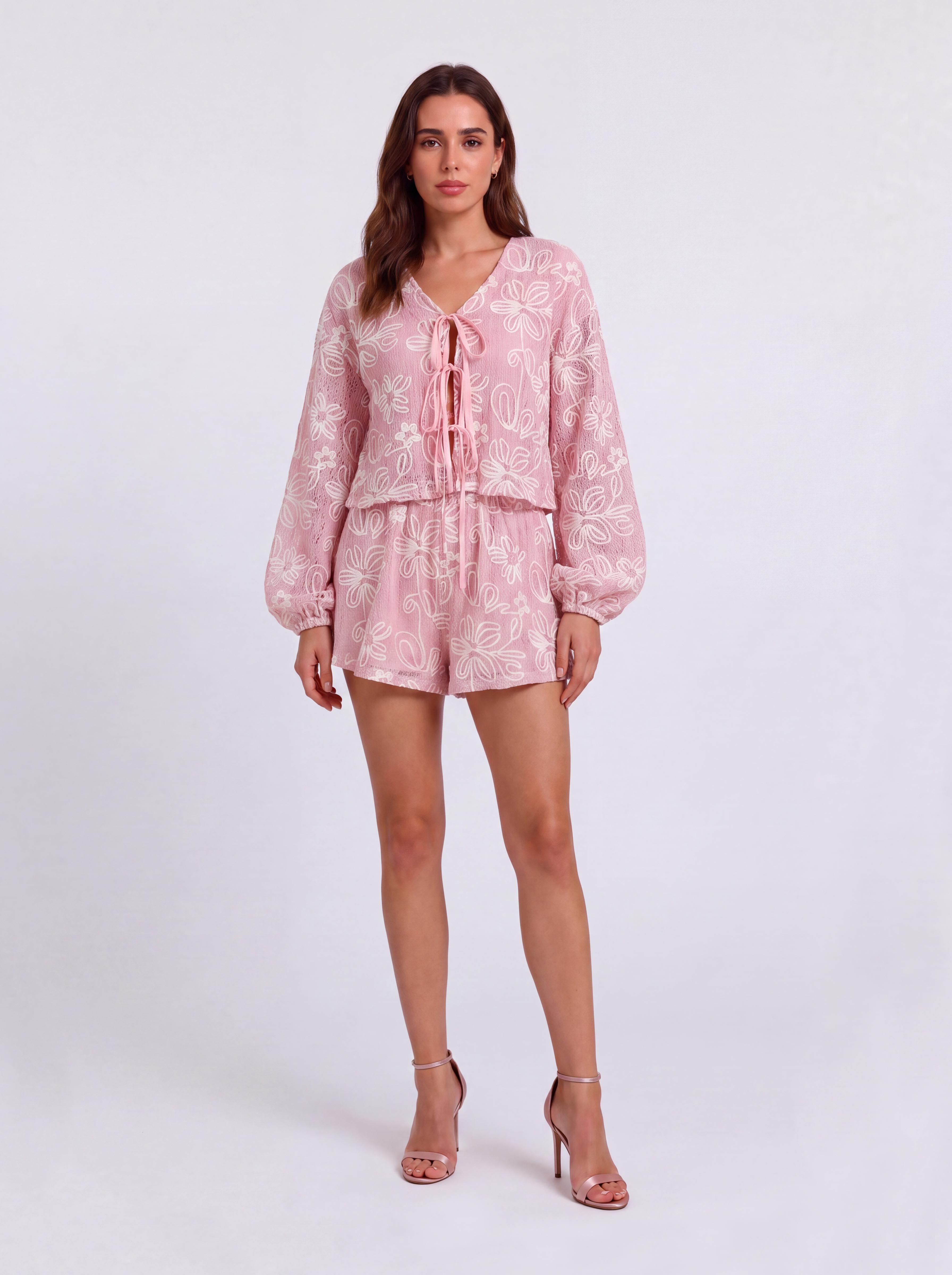 V-Neck Long-Sleeved Lace-Up Top Shorts Holiday Two-Piece Set