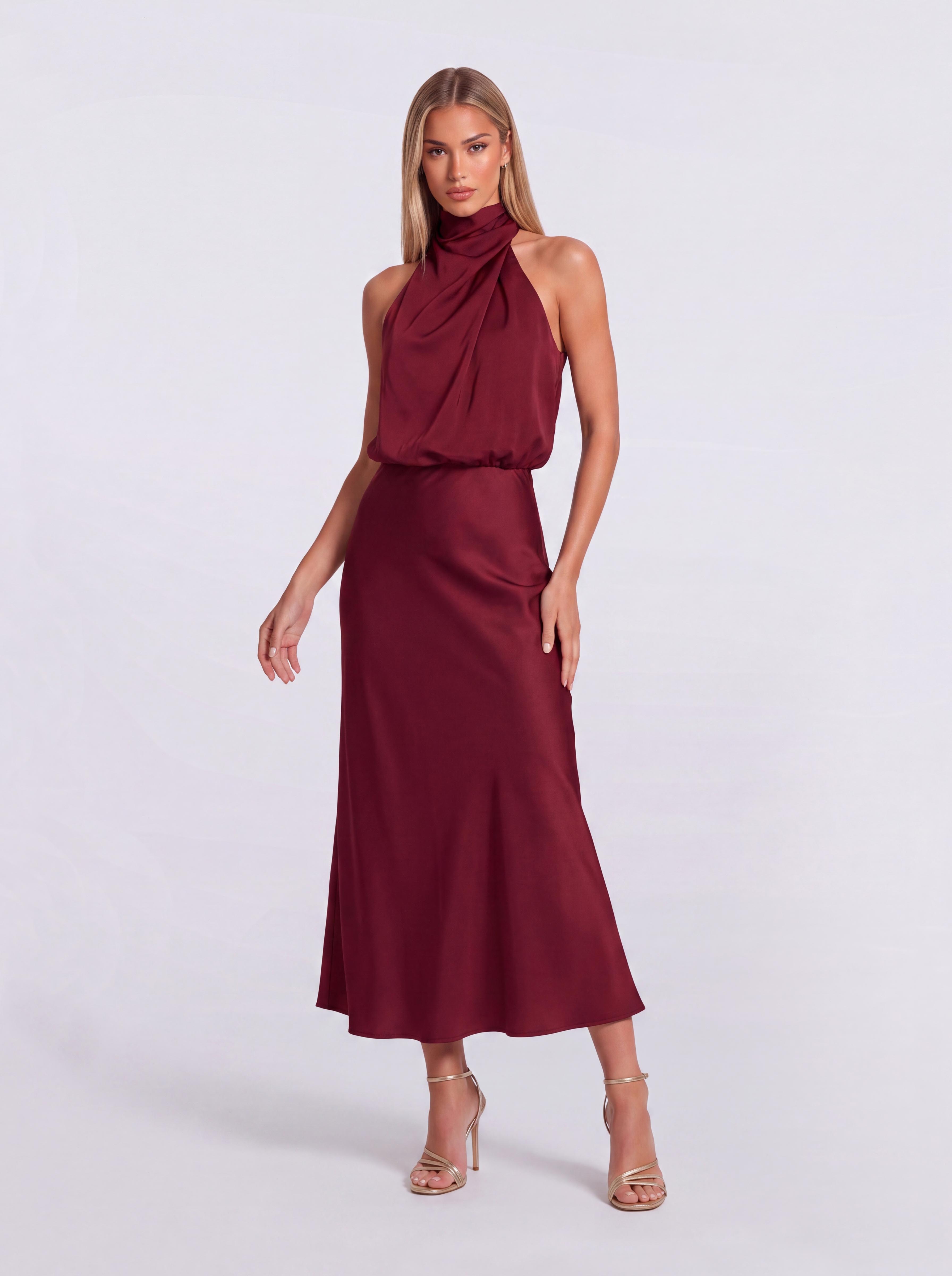 Slim-Fit Fishtail Mid-Length Neck Satin Dress