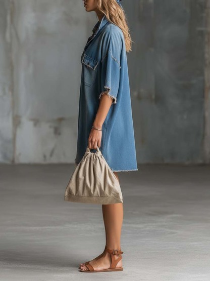 Casual Frayed Denim Short Sleeve Mini Dress