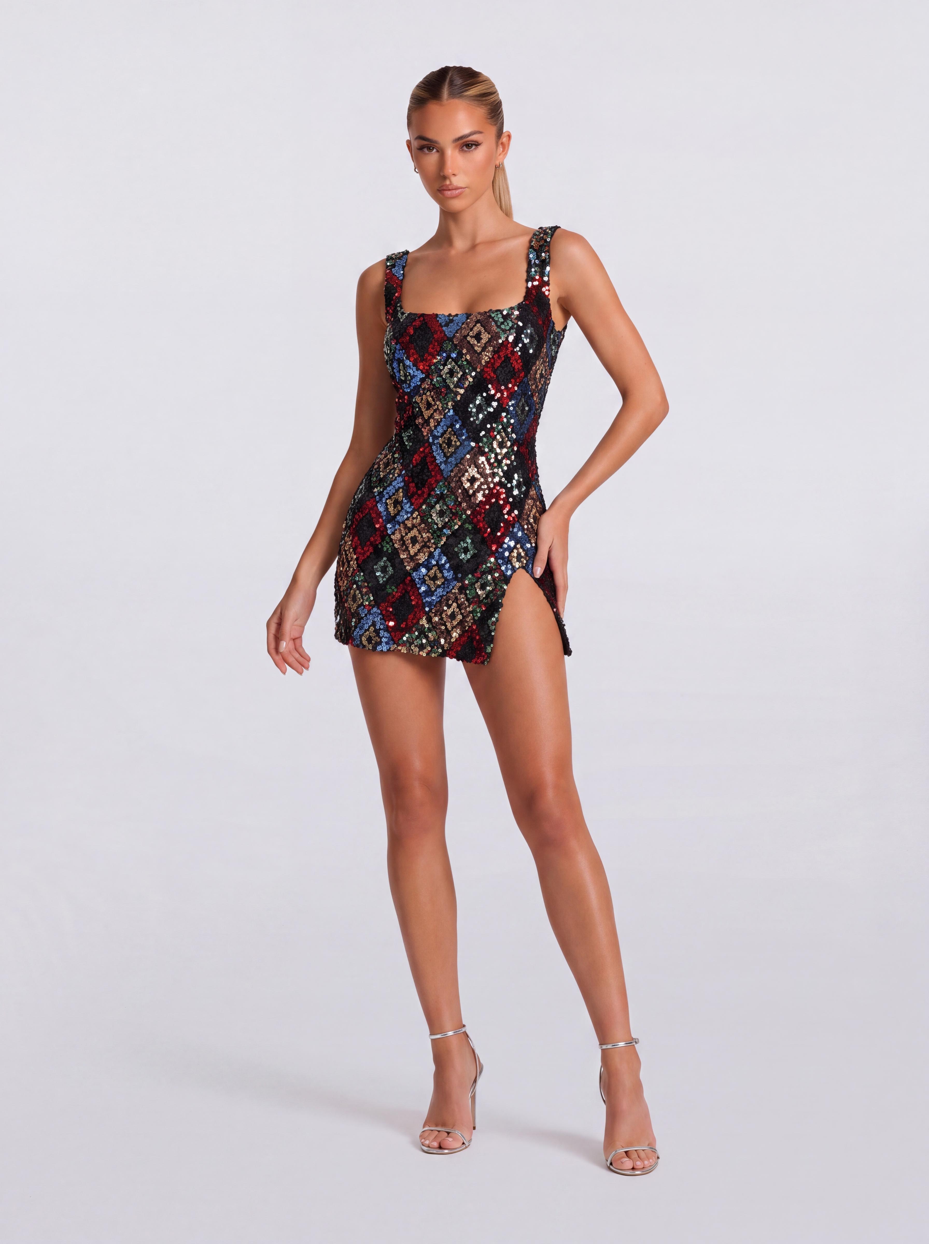 Colorful Diamond Sequin Square Collar Strap Slit Skinny Short Party Dress