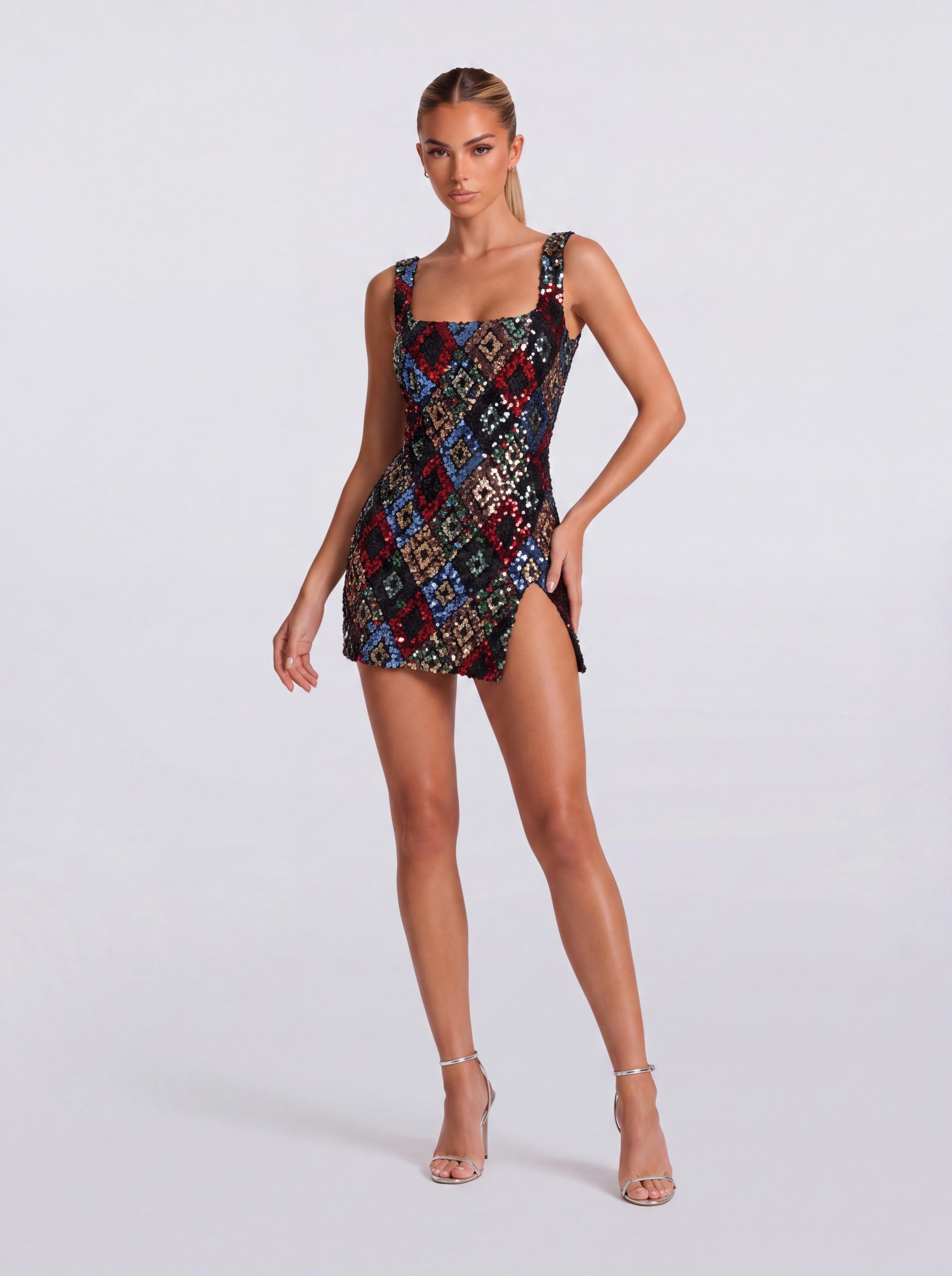 Colorful Diamond Sequin Square Collar Strap Slit Skinny Short Party Dress