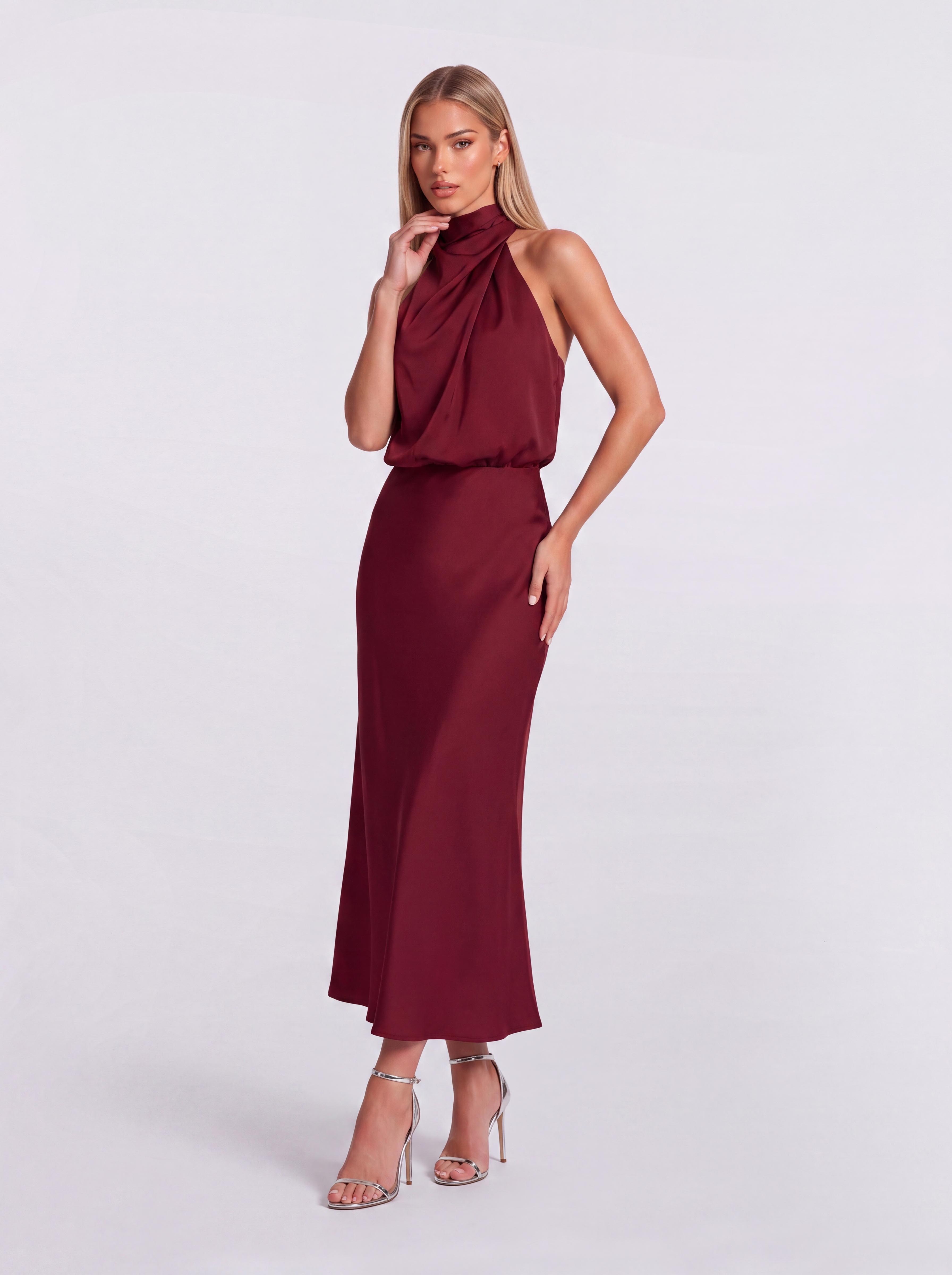 Slim-Fit Fishtail Mid-Length Neck Satin Dress