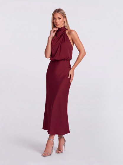 Slim-Fit Fishtail Mid-Length Neck Satin Dress