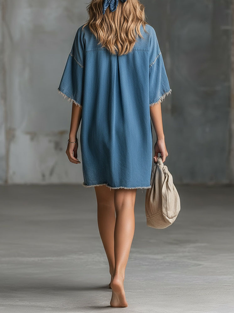 Casual Frayed Denim Short Sleeve Mini Dress
