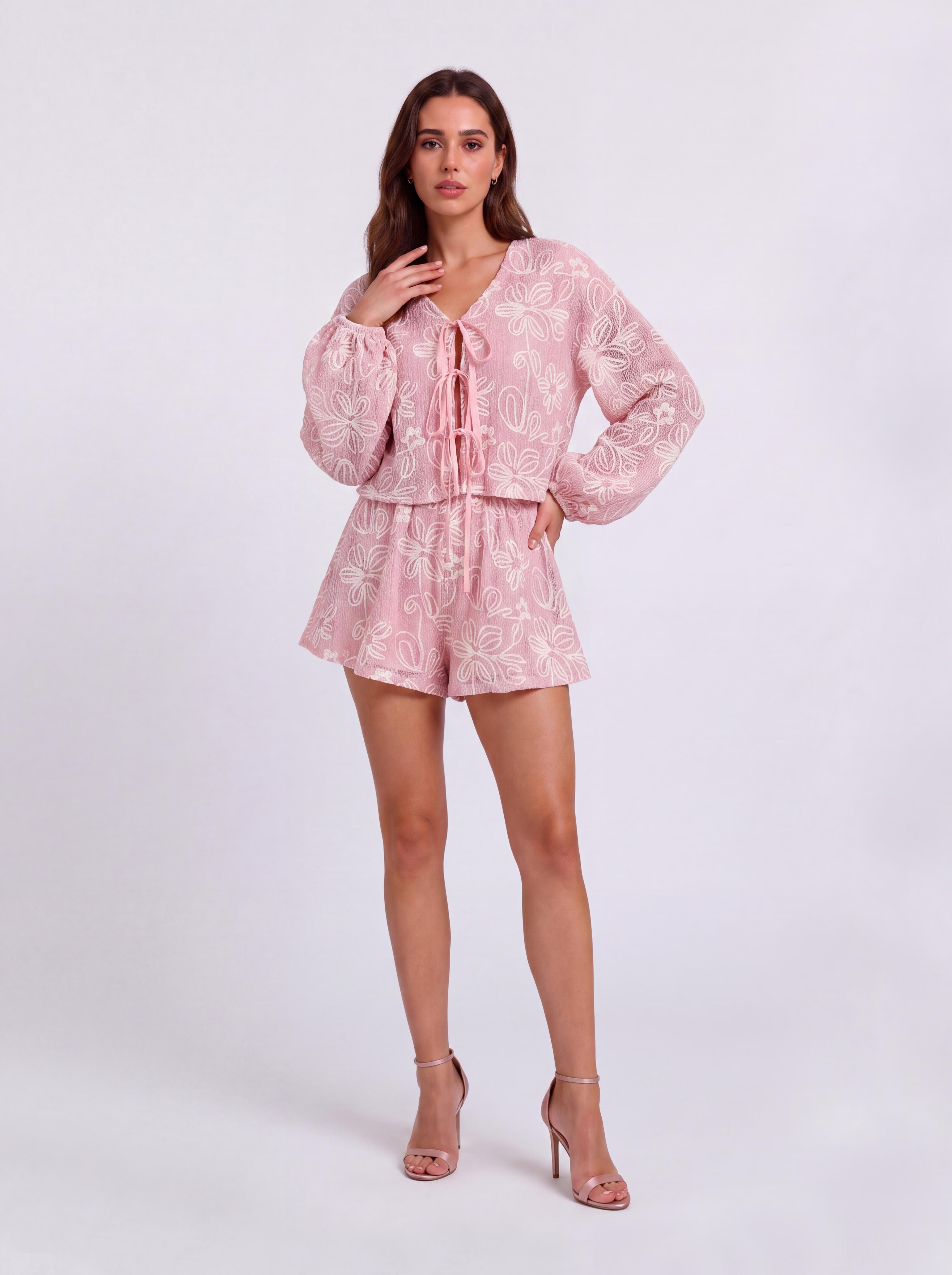 V-Neck Long-Sleeved Lace-Up Top Shorts Holiday Two-Piece Set