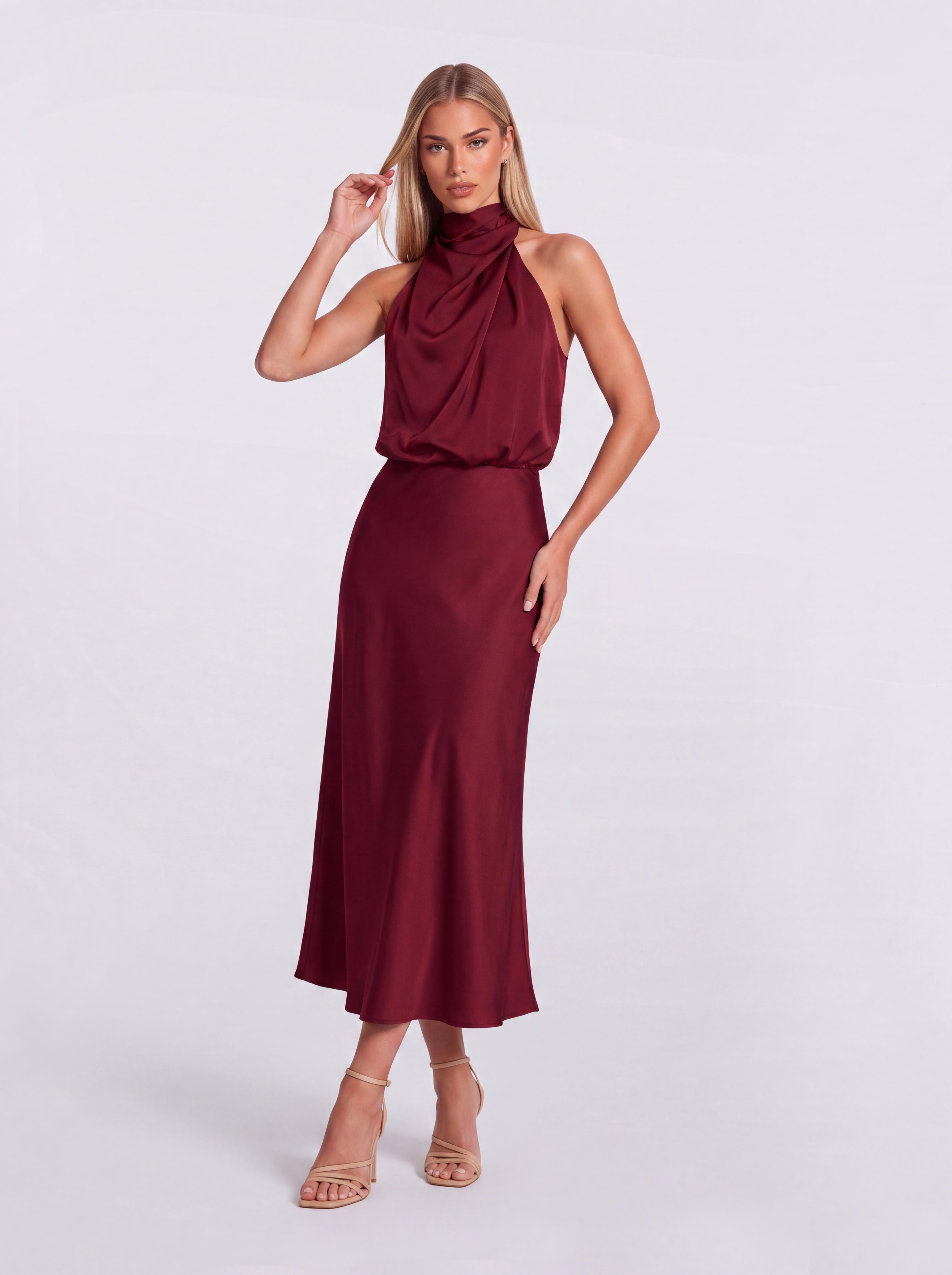 Slim-Fit Fishtail Mid-Length Neck Satin Dress