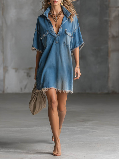 Casual Frayed Denim Short Sleeve Mini Dress