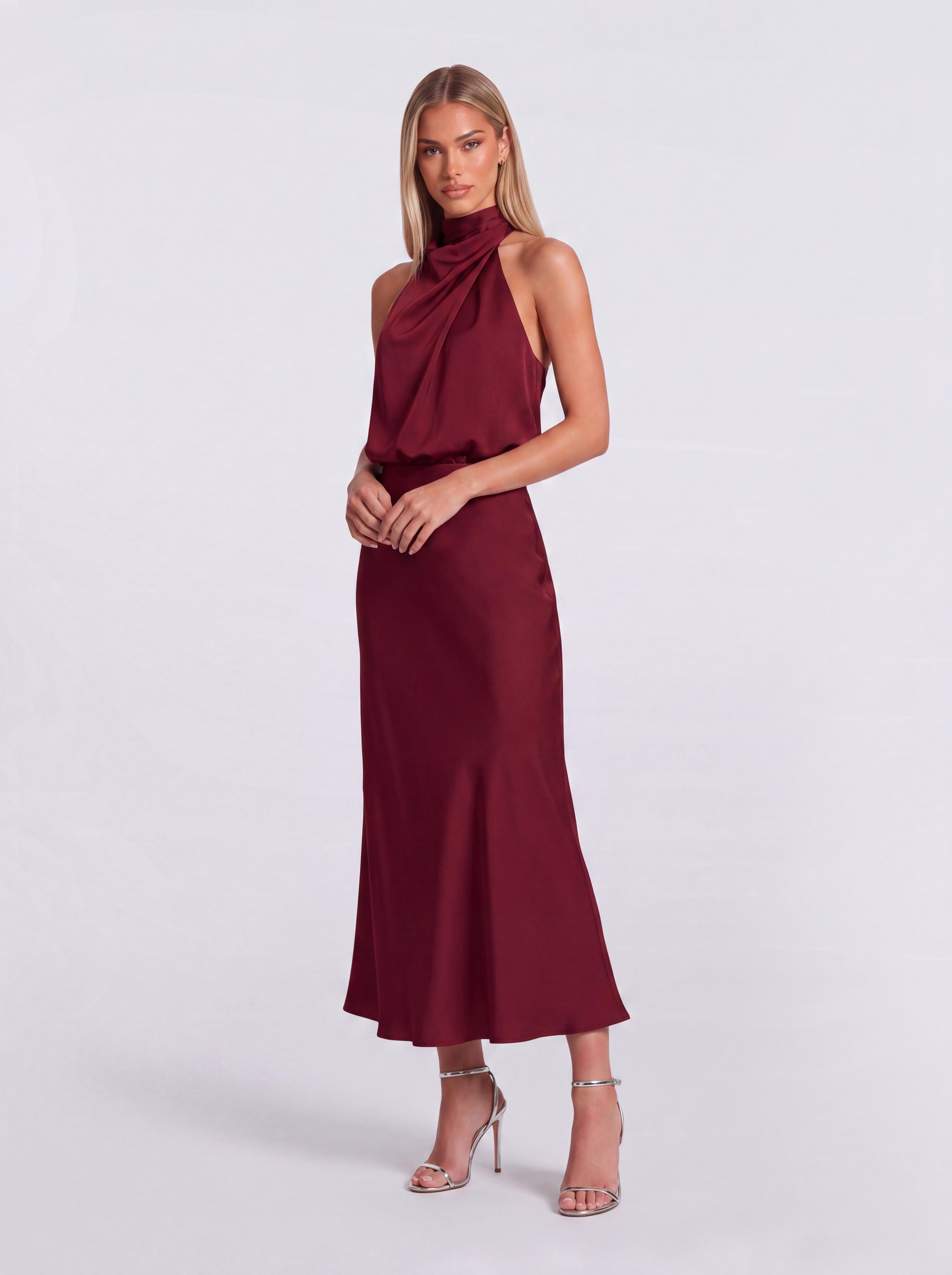 Slim-Fit Fishtail Mid-Length Neck Satin Dress