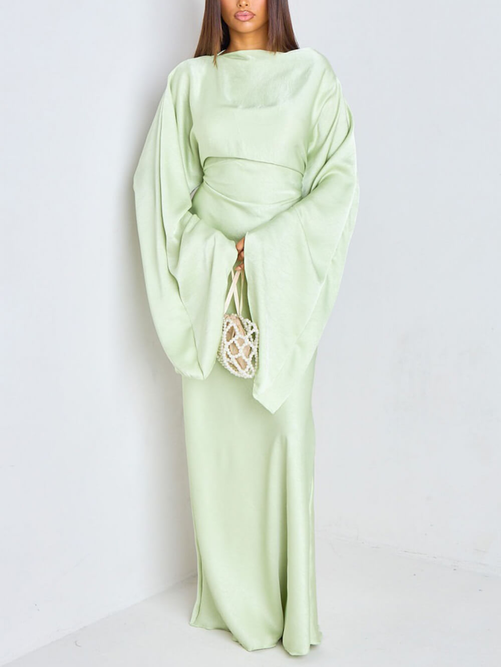 Elegant Ruched Satin Lantern-Sleeve Maxi Dress