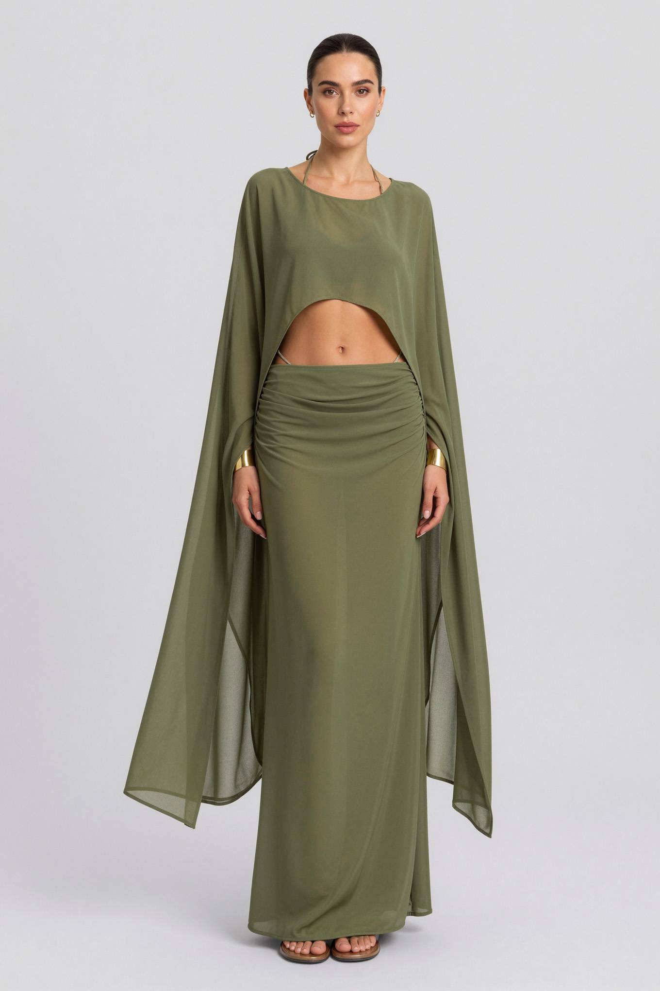 Long Sleeve Top & Pleated Long Skirt Set-Bohemian Beach Vacation Suit