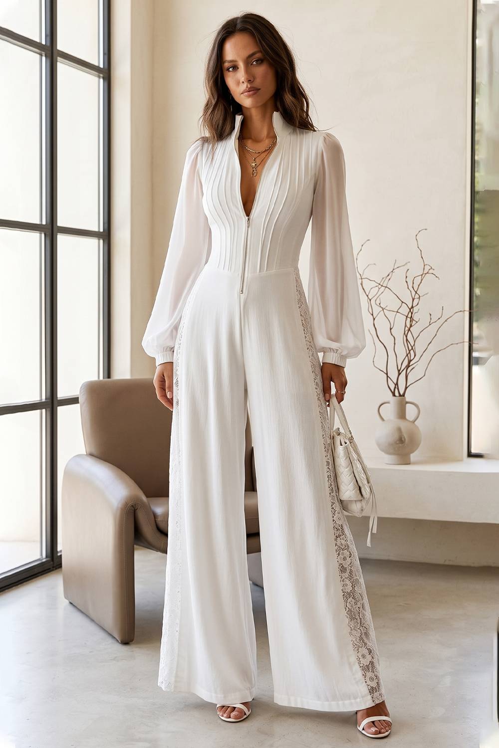 Stand Collar Zip Front Sheer Long Sleeve Lace Panel Wide Leg Jumpsuit