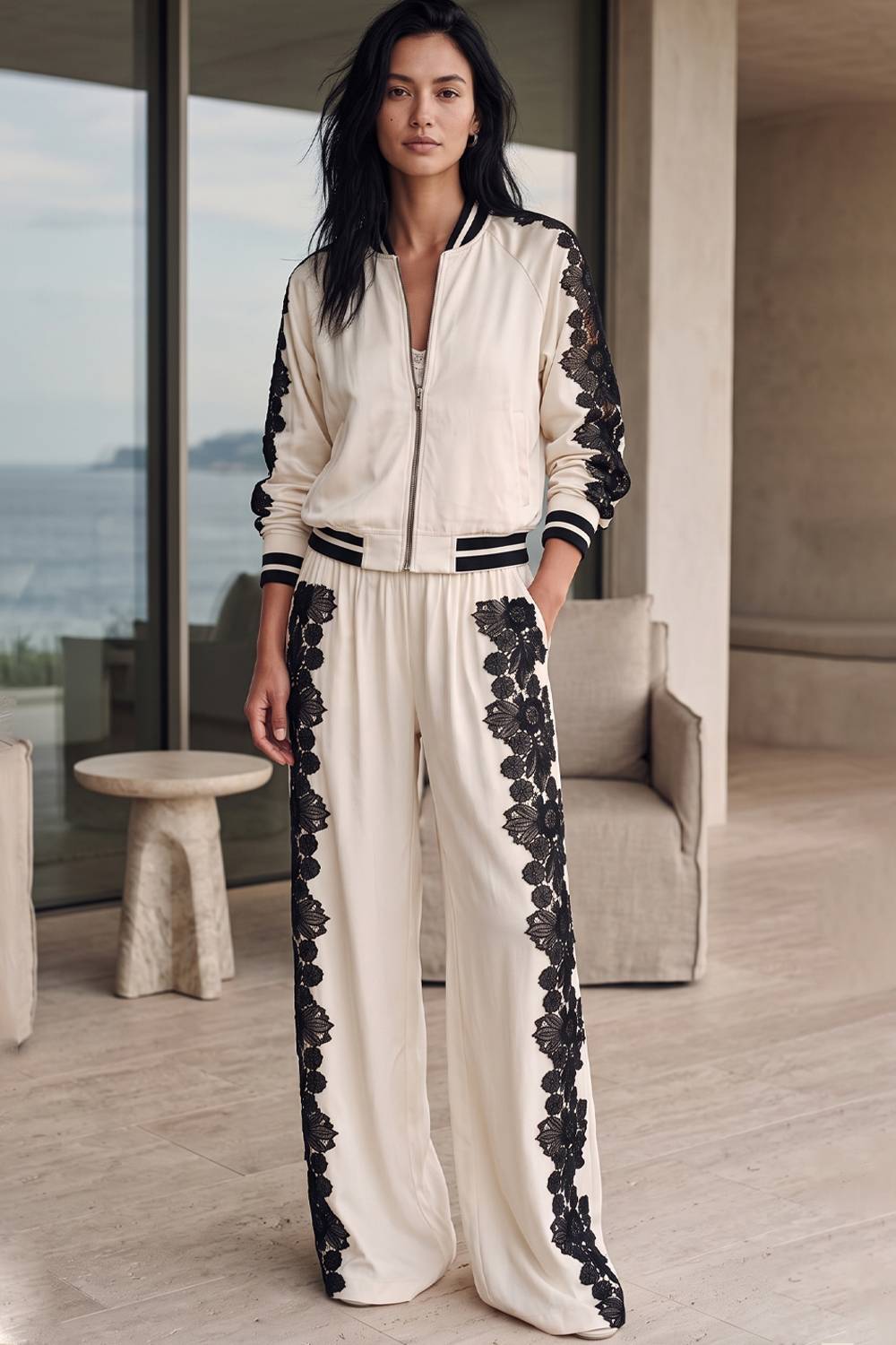 Ribbed Collar Zip‑Up Lace Splice Jacket & Elastic Waist Wide Leg Pants Two‑Piece Set