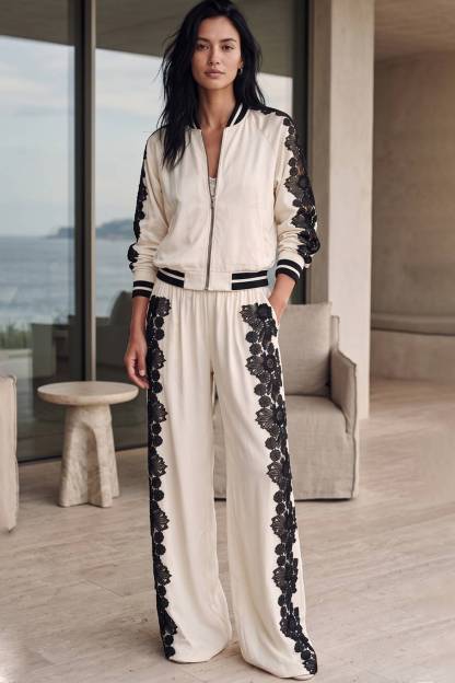 Ribbed Collar Zip‑Up Lace Splice Jacket & Elastic Waist Wide Leg Pants Two‑Piece Set