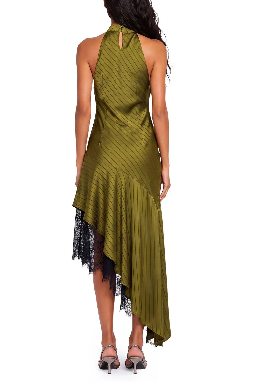 Olive Green Striped Satin Halter Maxi Dress with Feather and Lace Trim