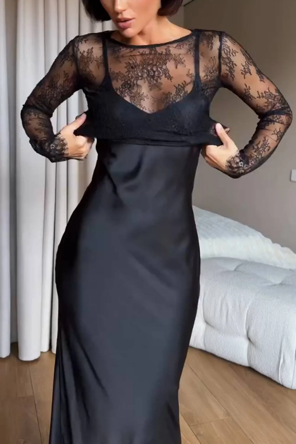 Women's Black Sheer Lace Long Sleeve Top and Satin Midi Skirt Two Piece Set