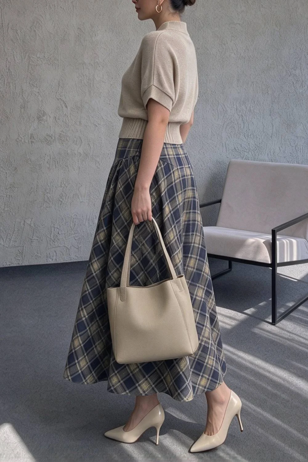 Short Sleeve Mock Neck Knit Top and High Waist Plaid Flared Skirt Two Piece Set