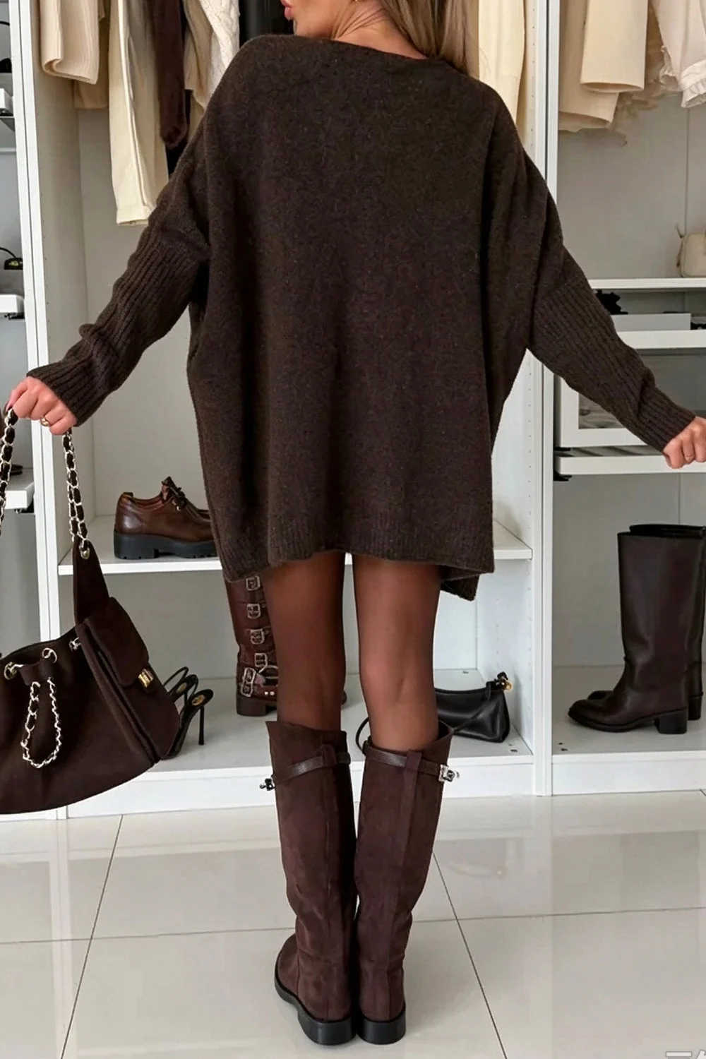 Women's Oversized Drop Shoulder Crew Neck Knit Sweater with Front Pockets